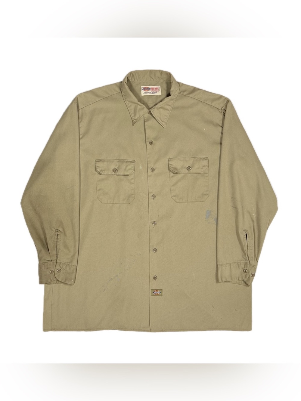 Vtg Dickies USA Made‎ Khaki Beige Painted Distressed Button Up Shirt Men Large